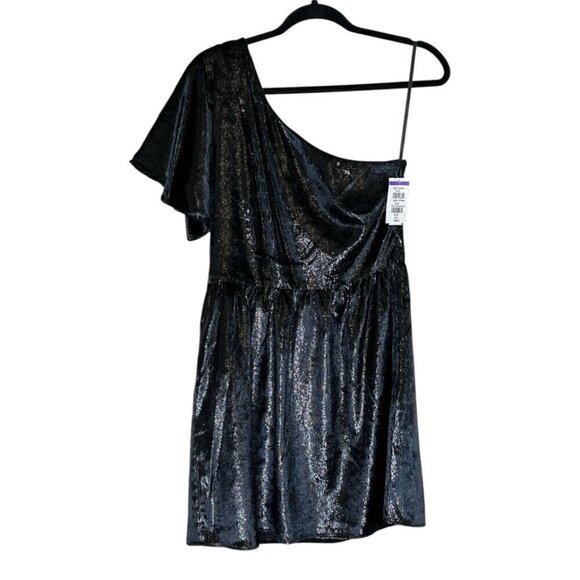 7 for All Mankind One-Shoulder Black Metallic Cocktail Mini Dress, NWT, Medium - Picture 4 of 8